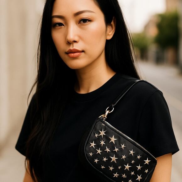 Authentic Jimmy Choo Black Leather Star Studded Small Bag Purse